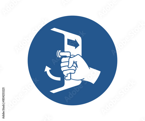 ISO 7010 M037 Close and secure hatches in launch sequence sign. Mandatory safety sign with handle operation icon ISO 7010 M037 vector design and illustration. 

