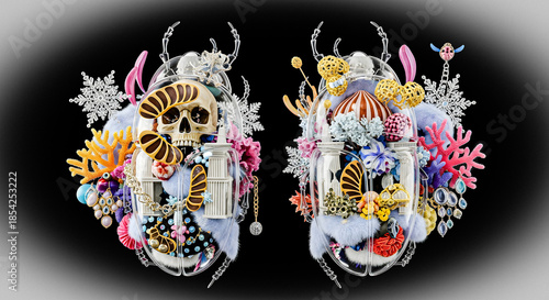 Intricate Assemblage Art Featuring a Skull, Coral, and Whimsical Ornaments