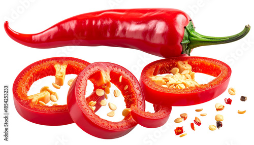 Red chili pepper isolated on transparent background, high-quality PNG with glossy skin and curved shape, perfect for cooking, spicy food designs, menus, and culinary visuals.