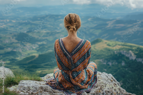 a girl sitting with her back to the mountain peak and lookin at the landscape below