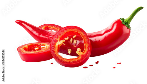 Red chili pepper isolated on transparent background, high-quality PNG with glossy skin and curved shape, perfect for cooking, spicy food designs, menus, and culinary visuals.