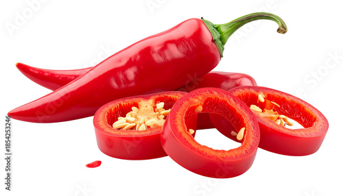 Red chili pepper isolated on transparent background, high-quality PNG with glossy skin and curved shape, perfect for cooking, spicy food designs, menus, and culinary visuals.