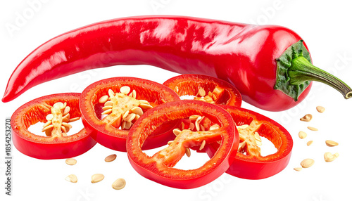 Red chili pepper isolated on transparent background, high-quality PNG with glossy skin and curved shape, perfect for cooking, spicy food designs, menus, and culinary visuals.
