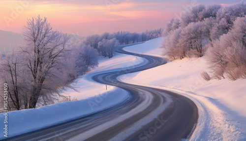Winter landscape with winding road through snowy forest. Frosted trees line curved road. Soft pastel sky with pink, blue hues