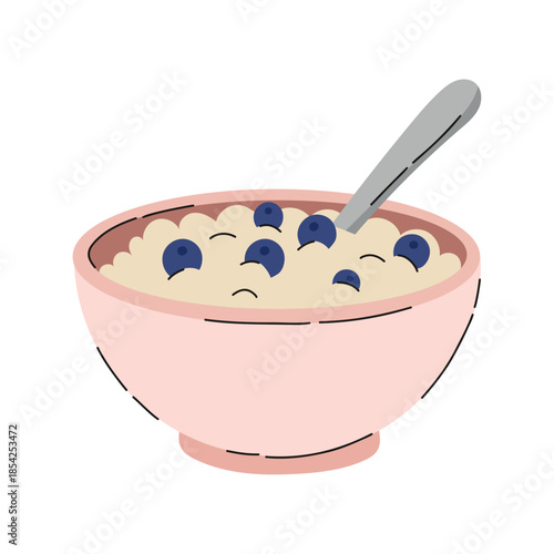 delicious bowl of hot oatmeal porridge topped with ripe blue berries with silver spoon inside. Balanced vegetarian breakfast and wholesome nutrition. Minimalist design with soft pastel colors.