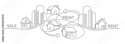 Continuous Line Art Drawing of a House for Real Estate Sale or Rent, Minimalist Single Line Illustration on White Background
