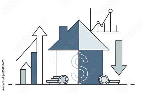 Minimalist Mortgage Loan and Real Estate Finance Concept, Flat Vector Illustration of House and Document on White Background