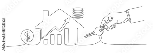 Mortgage and Real Estate Loan Finance Concept, Continuous Line Art Illustration, Minimalist Single Line Drawing on White Background