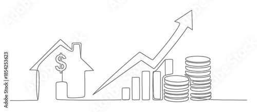 Mortgage and Real Estate Loan Finance Concept, Continuous Line Art Illustration, Minimalist Single Line Drawing on White Background