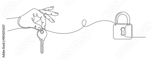 Minimalist Continuous Line Drawing of a Key for Property Access and Real Estate, Elegant Single Line Art on White Background
