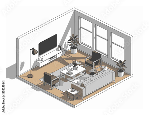 Modern Minimalist Interior Room Design, Isometric 3D Vector Illustration with Geometric Precision on White Background