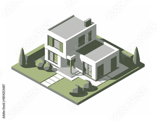 Modern Isometric House Vector Illustration, 3D Real Estate Home Building Icon, Minimalist Architecture Property Design on White Background