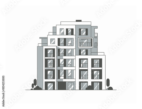 Modern Apartment Building Flat Vector Illustration, Minimalist Residential Architecture Icon, Simple Geometric City Housing Design Isolated on White