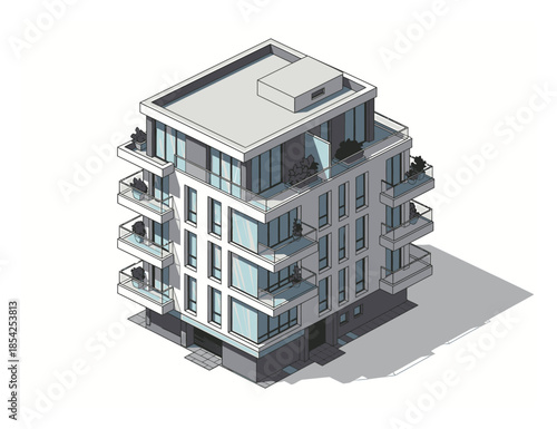 Modern Residential Apartment Building Isometric Vector Illustration, 3D Architecture Design