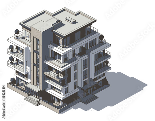 Modern Residential Apartment Building Isometric Vector Illustration, 3D Architecture Design