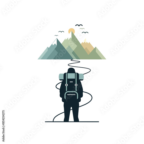 Hiker with Backpack Standing Under Mountains.