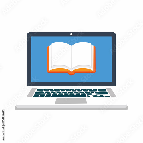 Laptop with Open Book on Screen, Illustrating Online Education, isolated white background