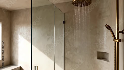 Modern luxury shower room with running water, brass fixtures, glass screen, and a stone bench under a window