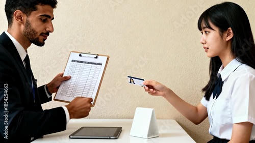 Middle Eastern male professional hands a young Asian female student a credit card across a white desk