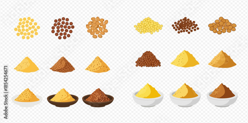 Mustard seeds and powder in various forms and colors, including yellow, brown, and black, presented in bowls and piles.