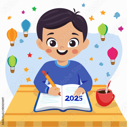 Focused Young Boy Happily Studying and Writing in a "2025" Book on a Desk, surrounded by colorful hot air balloons, bright studio background.