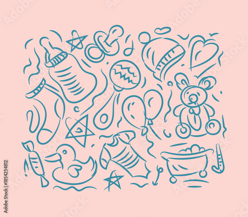 Hand drawn doodle set of baby shower icons including bottle rattle teddy bear and rubber duck