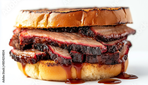 Juicy tri tip beef sandwich on a bun with barbecue sauce. Sliced meat is stacked high on soft bread. This delicious meal is perfect for