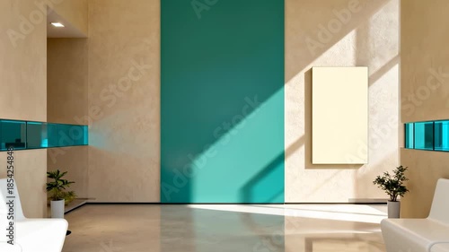 Wide shot of a clean, modern medical or corporate lobby with white benches and sunlit teal accent wall