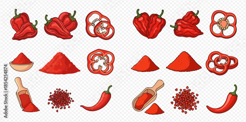 Collection of red bell peppers, chili peppers, and paprika powder in various forms and arrangements.
