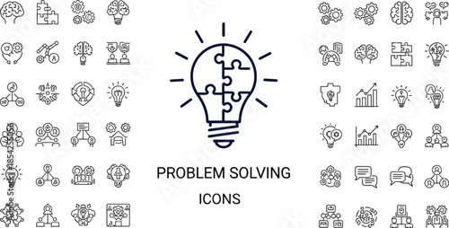Comprehensive Set of Problem Solving Line Icons Featuring Creative Brainstorming Innovation Lightbulb Puzzles Strategic Thinking Solutions Data Analysis and Collaborative Teamwork for Business Success