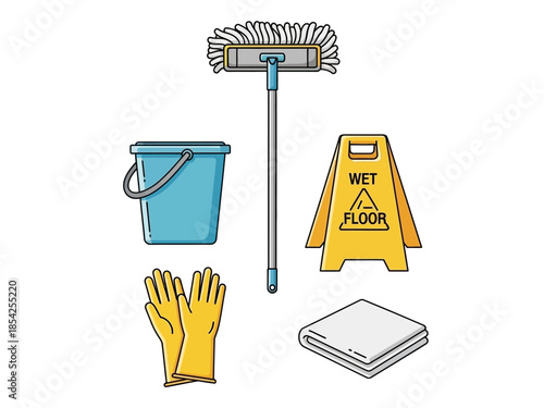 Cleaning Tools Illustration Bucket, Mop, Gloves, Wet Floor Sign, and Cloth - Ready for Cleaning