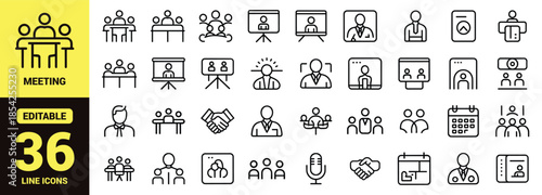 Business Management and Human Resources Line Icon Set with Meeting, Leadership, Presentation, Recruitment, and Teamwork Vector Symbols