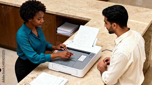 Two diverse colleagues use a modern office printer on a marble counter while reviewing paper documents