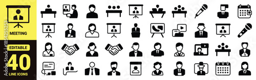 Business Management and Human Resources Line Icon Set with Meeting, Leadership, Presentation, Recruitment, and Teamwork Vector Symbols