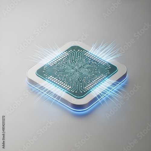 3D Render of eSIM Chip with Metallic Blue Glow, Wireless Signal and Circuit Details, Clean Technology Icon
