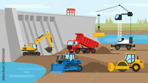 Construction Site Heavy Machinery Working on a Dam, Vector Illustration
