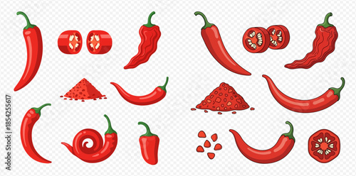 Set of red chili peppers in various forms, including whole, sliced, and powdered, for culinary use.