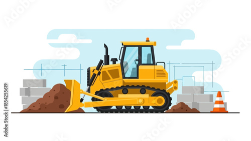 Bright yellow bulldozer pushing dirt on a construction site, vector illustration on white background