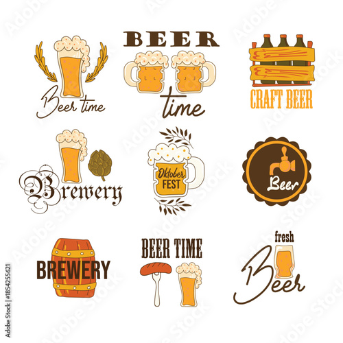 Oktoberfest sticker set. Stickers with beer signs and beer inscriptions. Golden drink. Traditional beer festival. Beer holiday. Vector illustration.
