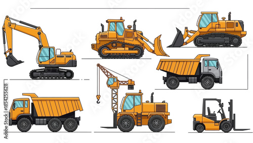 Collection of construction vehicles and machinery on a white background for design projects