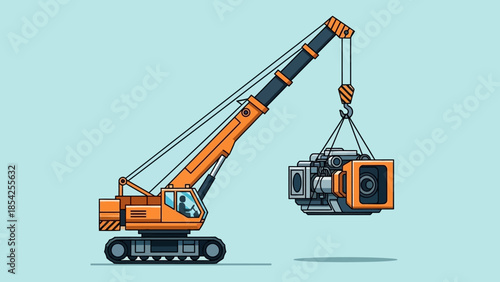 Crane Lifting Large Object Illustration of Heavy Machinery and Industrial Process on Blue