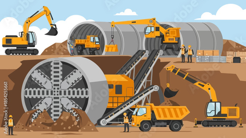 Construction site scene Powerful machinery working to build a tunnel through the earth
