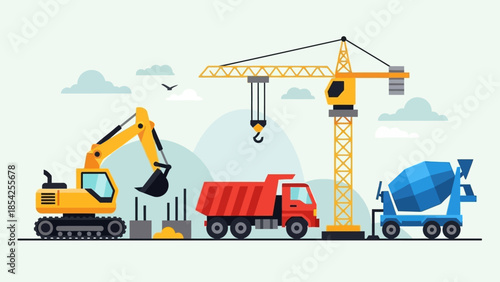 Construction Site Illustration Featuring a Crane, Excavator, Dump Truck, and Cement Mixer in Action