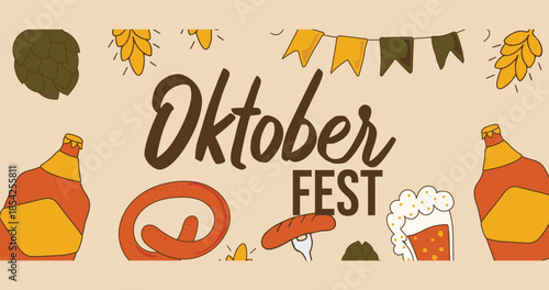 Banner with beer bottle, beer foam and inscription. Oktoberfest. Beer holiday. Banner. Bottle label. Background. Vector illustration.