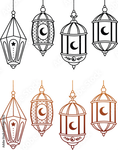 An extravagant illustration showing a customary Arabic Islamic lantern set for Ramadan and Eid . 