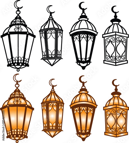 Beautiful Ramadan Lanterns with Ornate Details in Black and Golden