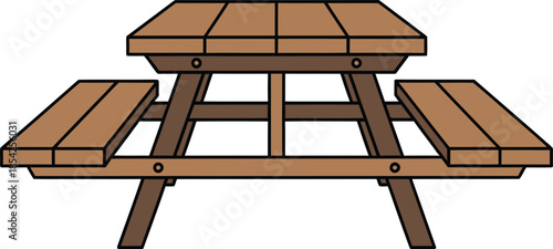 Wooden picnic table with attached benches outdoor garden furniture detailed design Vector illustration