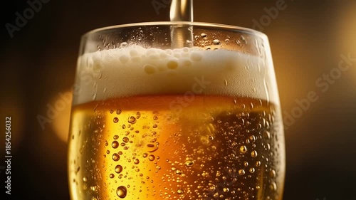 Close-up of Golden Beer Being Poured into a Cold Glass with Frothy Foam and Condensation, Capturing Refreshment and Craft Beverage Appeal