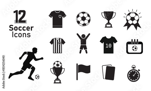Professional black and white vector collection of 12 essential soccer icons illustrating competition, victory, and game elements.