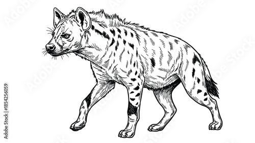 Illustration Of A Hyena Walking In Black And White Line Art For Wildlife Stock